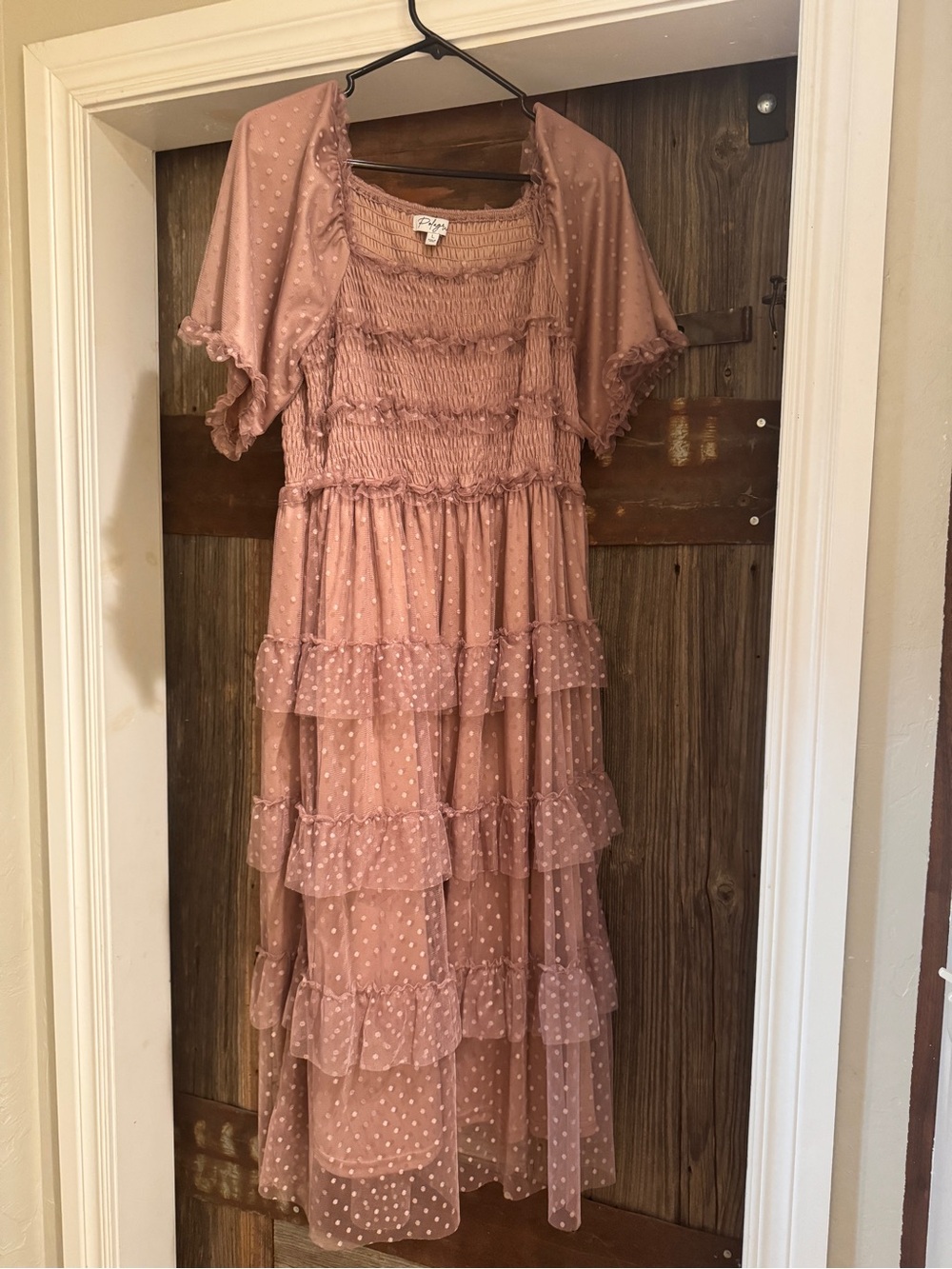 Pink Dot Smocked Ruffle Tiered Maternity Midi Dress - Picture 7 of 7